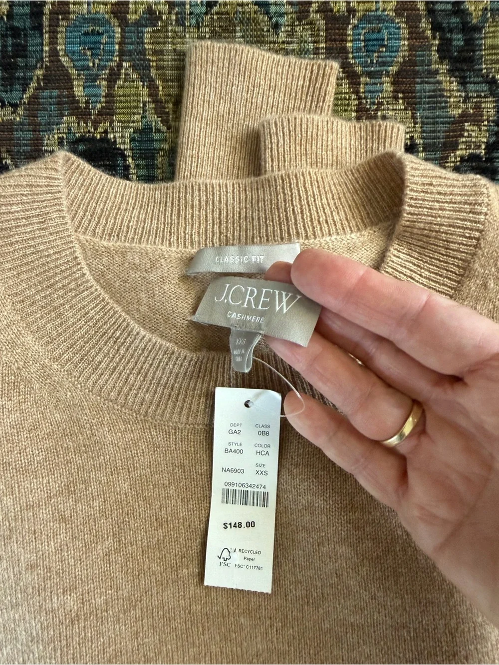 J.Crew 100% Cashmere Crewneck Sweater Camel Oatmeal XS NWT Classic Fit